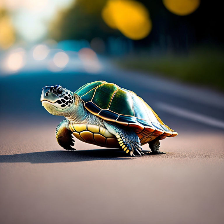 Sunlit road with turtle, blurred greenery, and car lights.