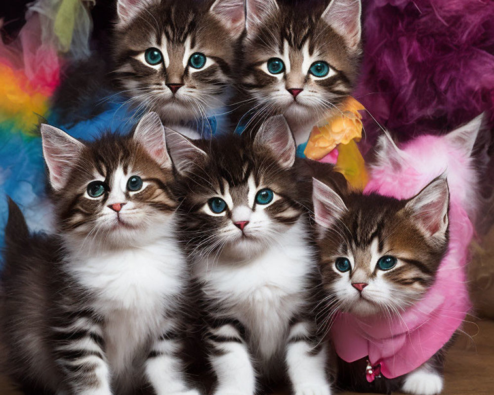 Four kittens with unique markings and bright eyes against vibrant feathered backdrop