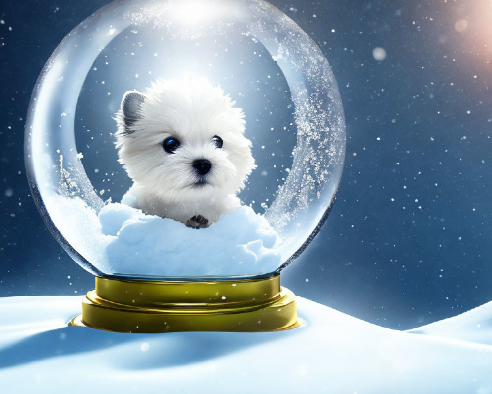 White Puppy Snow Globe on Snowy Background
