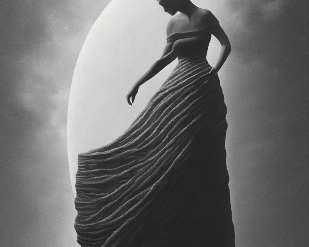 Monochrome artistic image of woman in elegant gown under large moon