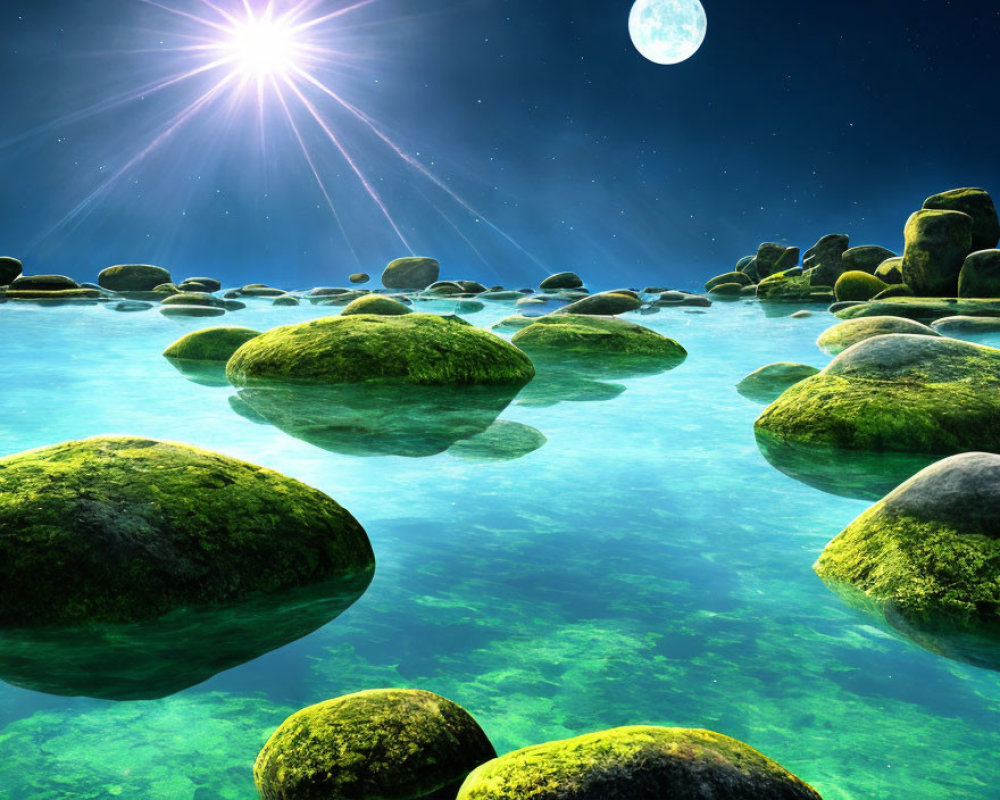 Tranquil landscape with moss-covered stones over blue water under starry sky