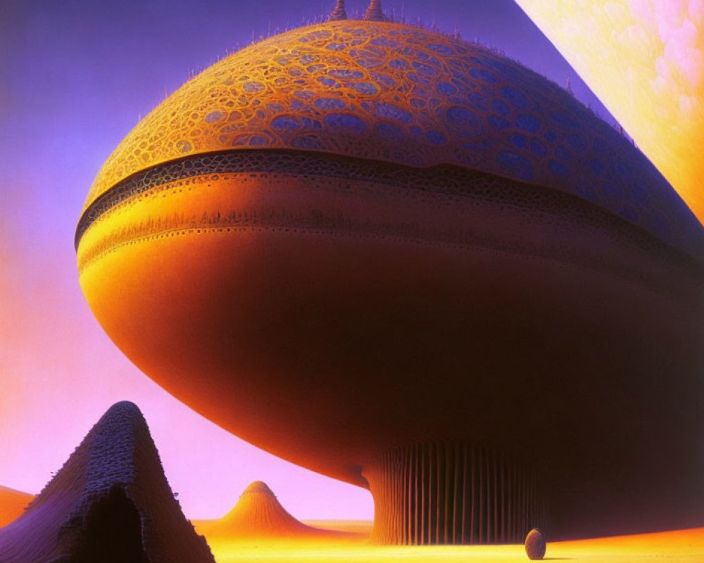 Ornate floating spherical structure above desert dunes at sunset or sunrise