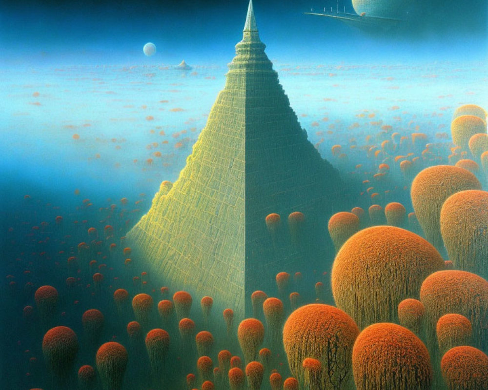 Fantastical landscape with pyramid-like structure and planetary sky