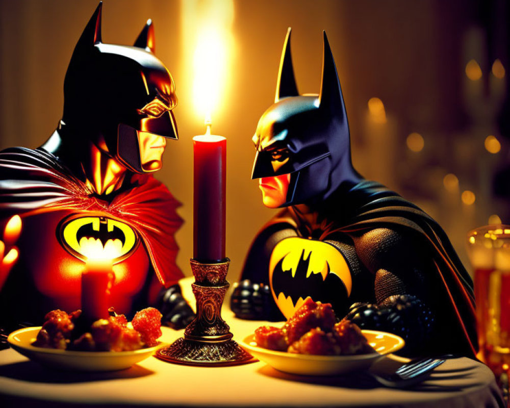 Batman figures in romantic candlelit dinner scene