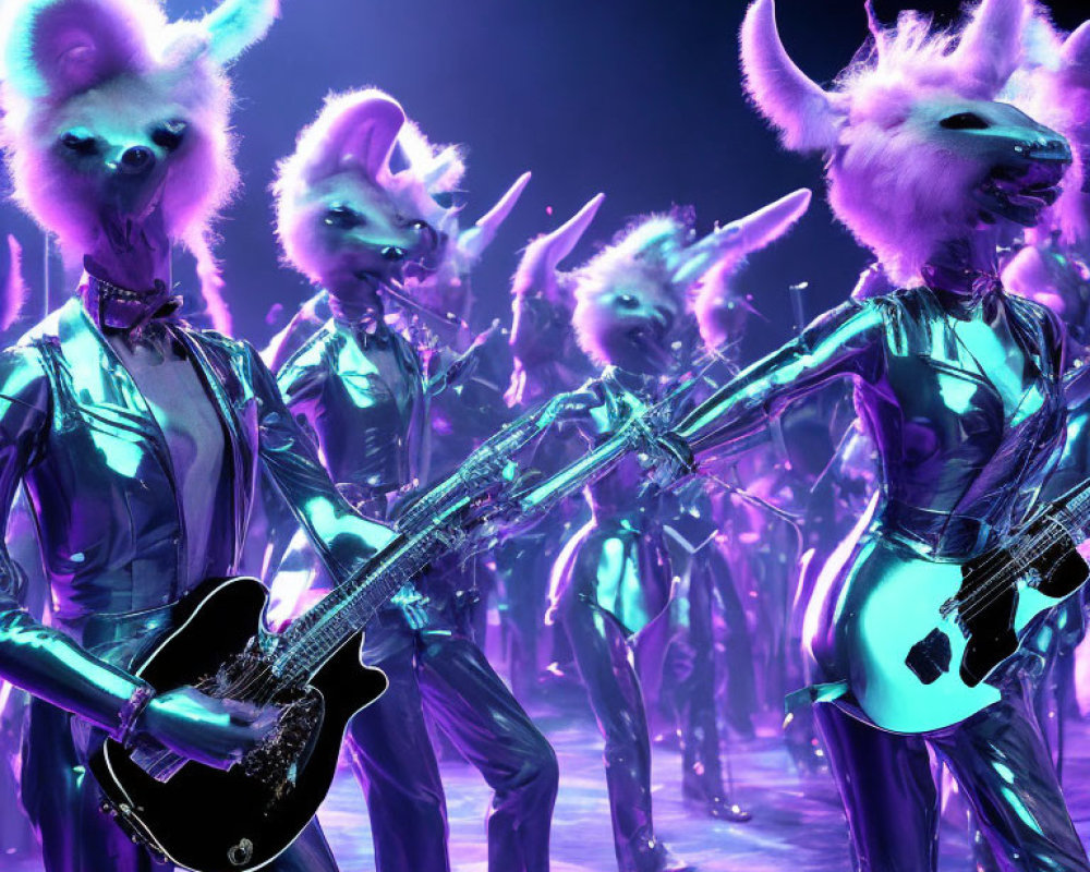 Musicians in Illuminated Animal Head Suits on Purple Stage