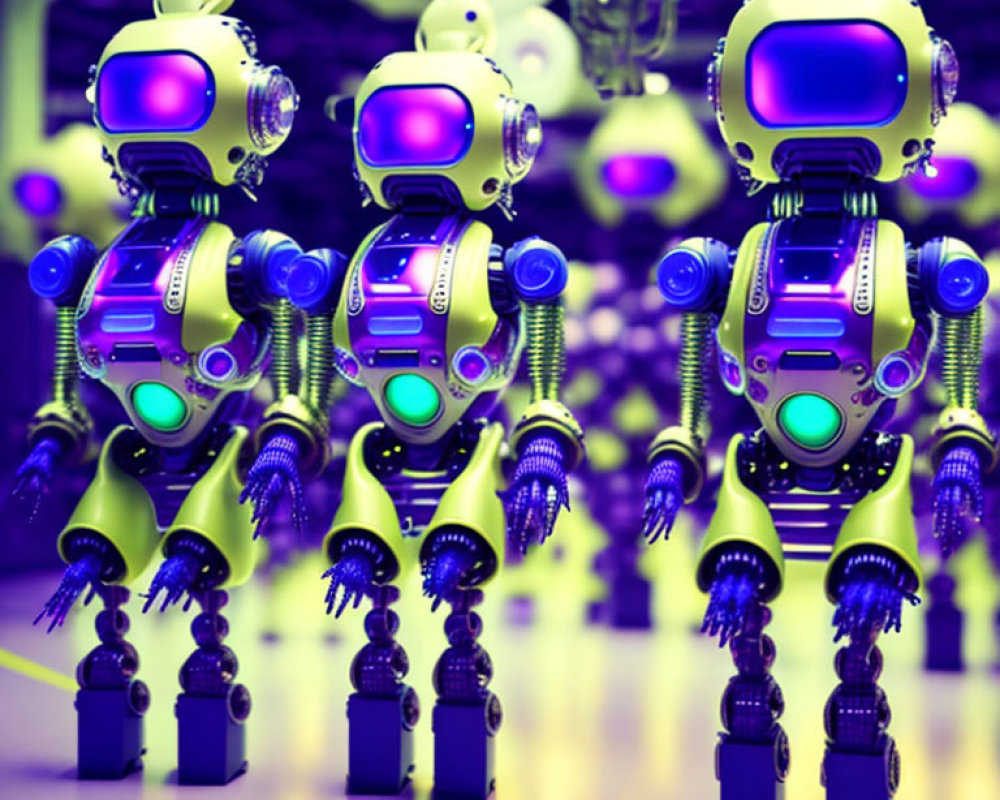 Stylized humanoid robots in green and purple colors in futuristic scene