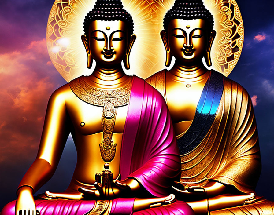 Vibrant illustration of two Buddha figures on lotus against golden backdrop