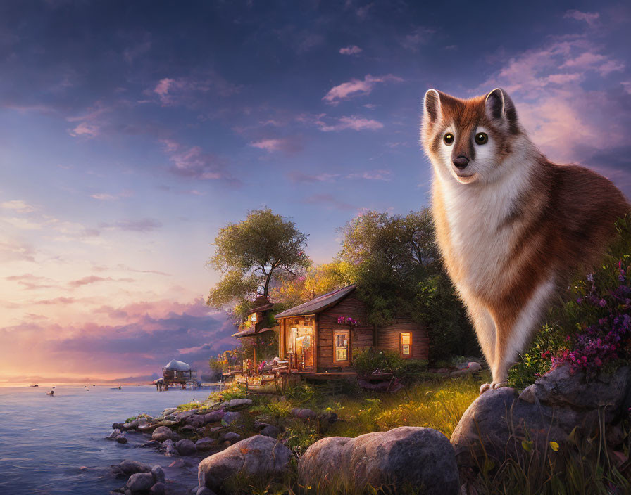 Fox by Lakeshore at Sunset with Cozy Cabin