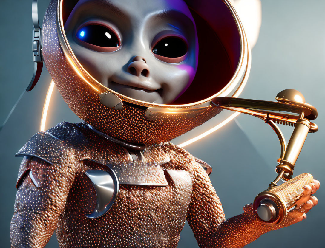 Smiling astronaut character with shiny suit and trumpet