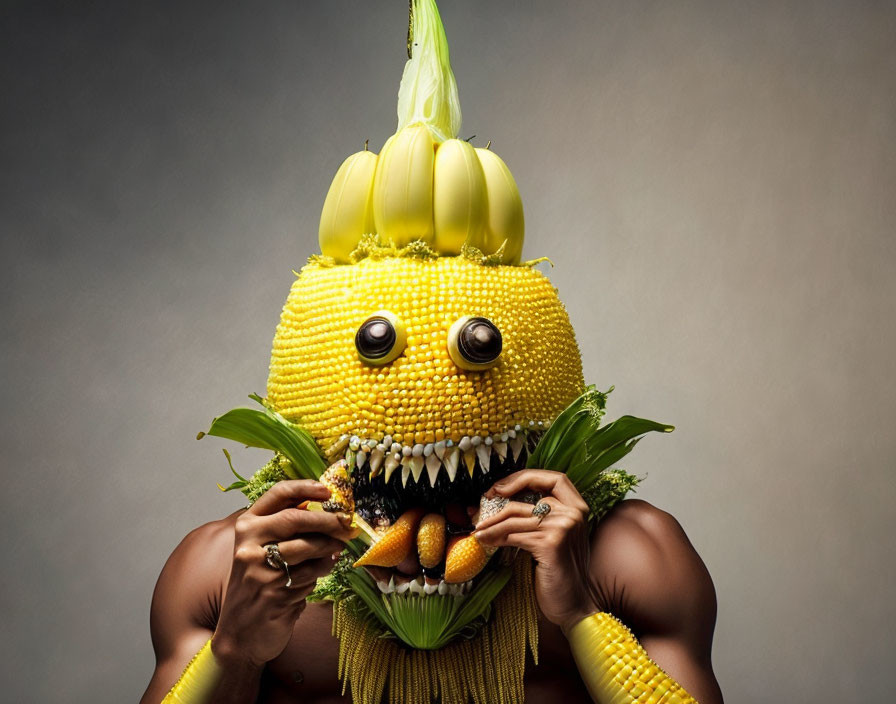 Person wearing corn mask peeling corn on grey backdrop