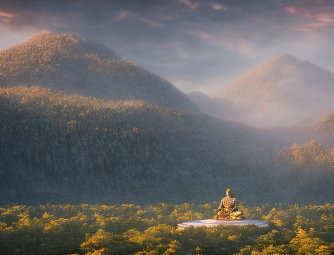 Buddha statue in yellow field with misty mountains at sunrise
