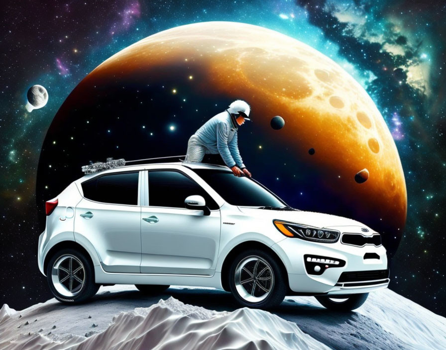 Person in space helmet on white car on moon's surface with galaxies and planets