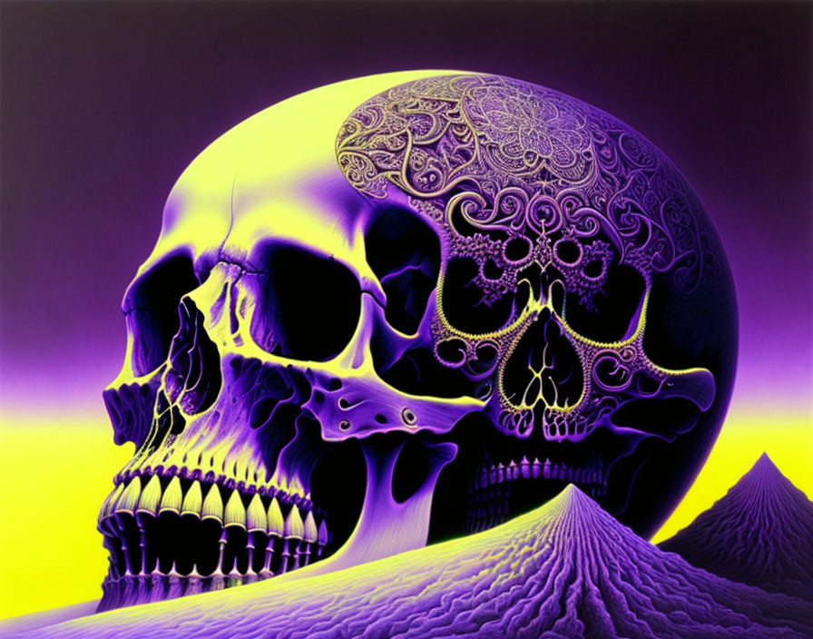 Vivid purple and yellow human skull art with intricate patterns and mechanical gears on dune-like backdrop