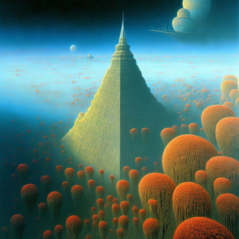 Fantastical landscape with pyramid-like structure and planetary sky