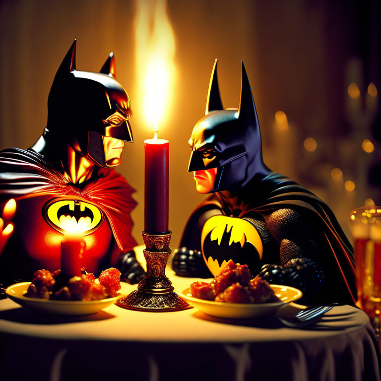 Batman figures in romantic candlelit dinner scene