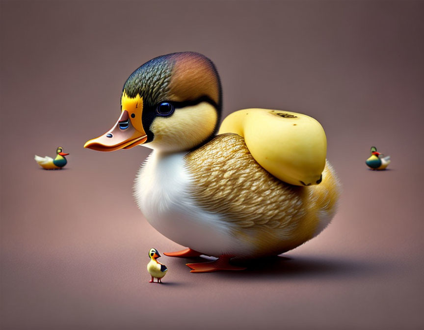 Whimsical apple-bodied duck surrounded by mini versions on muted background