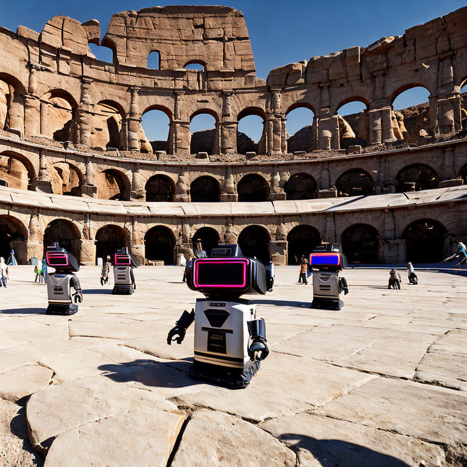 Robotic figures at Colosseum under clear sky