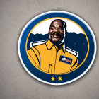 Circular logo illustration with smiling man in yellow shirt on grey background - "Stijsko" above