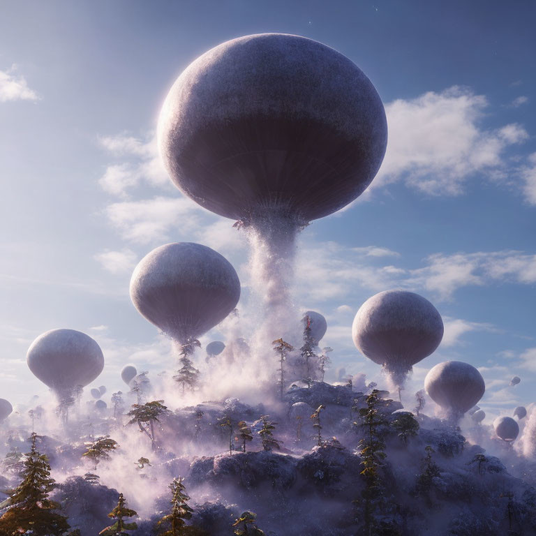 Misty forest with spherical structures under blue sky