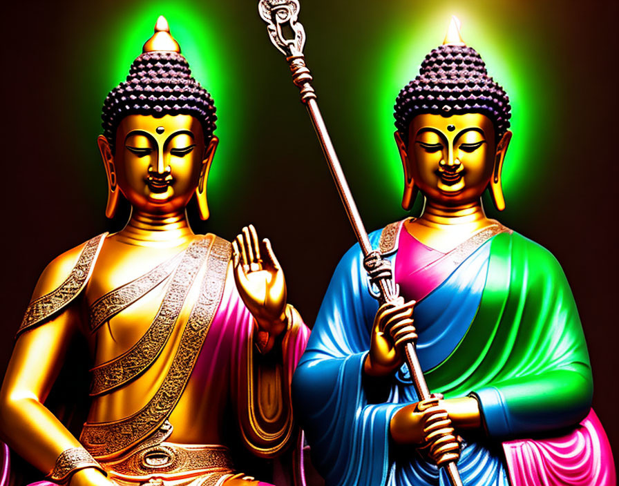 Vibrant Buddha statues with staff, glowing in dark setting