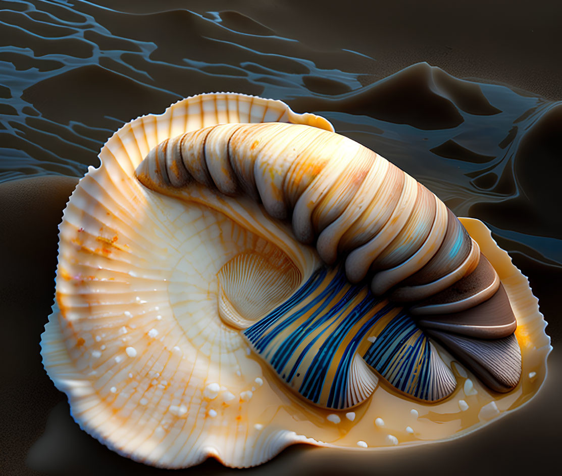 Intricately Patterned Seashell on Wet Surface with Water Ripples