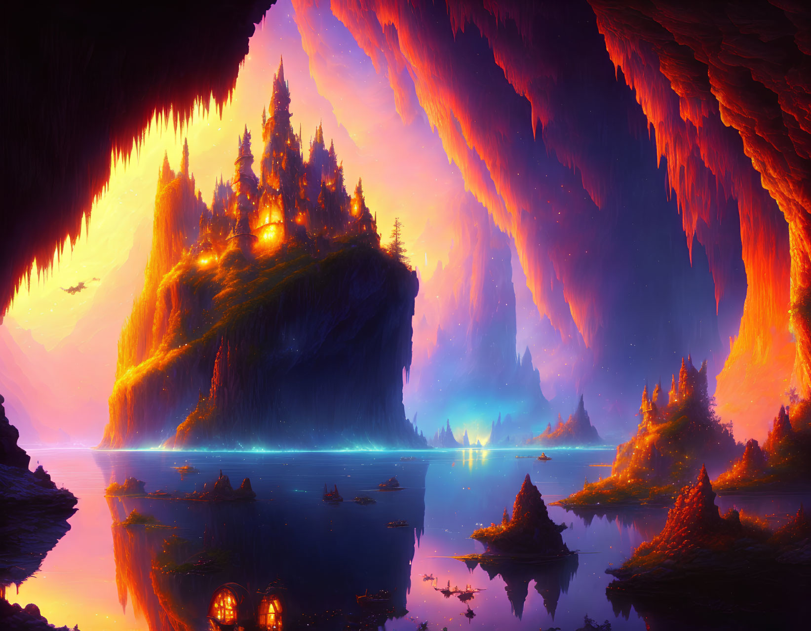 Fantasy landscape with glowing island and blue waters