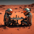 Surreal Martian landscape with human figures and metallic orbs