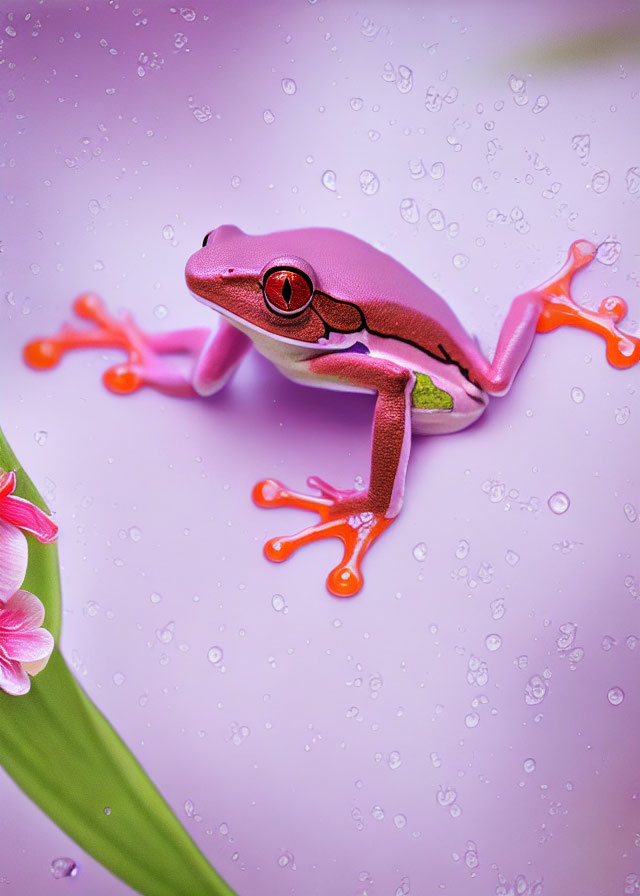 Colorful Pink Frog with Red Eyes on Green Leaf in Water Droplets on Purple Background