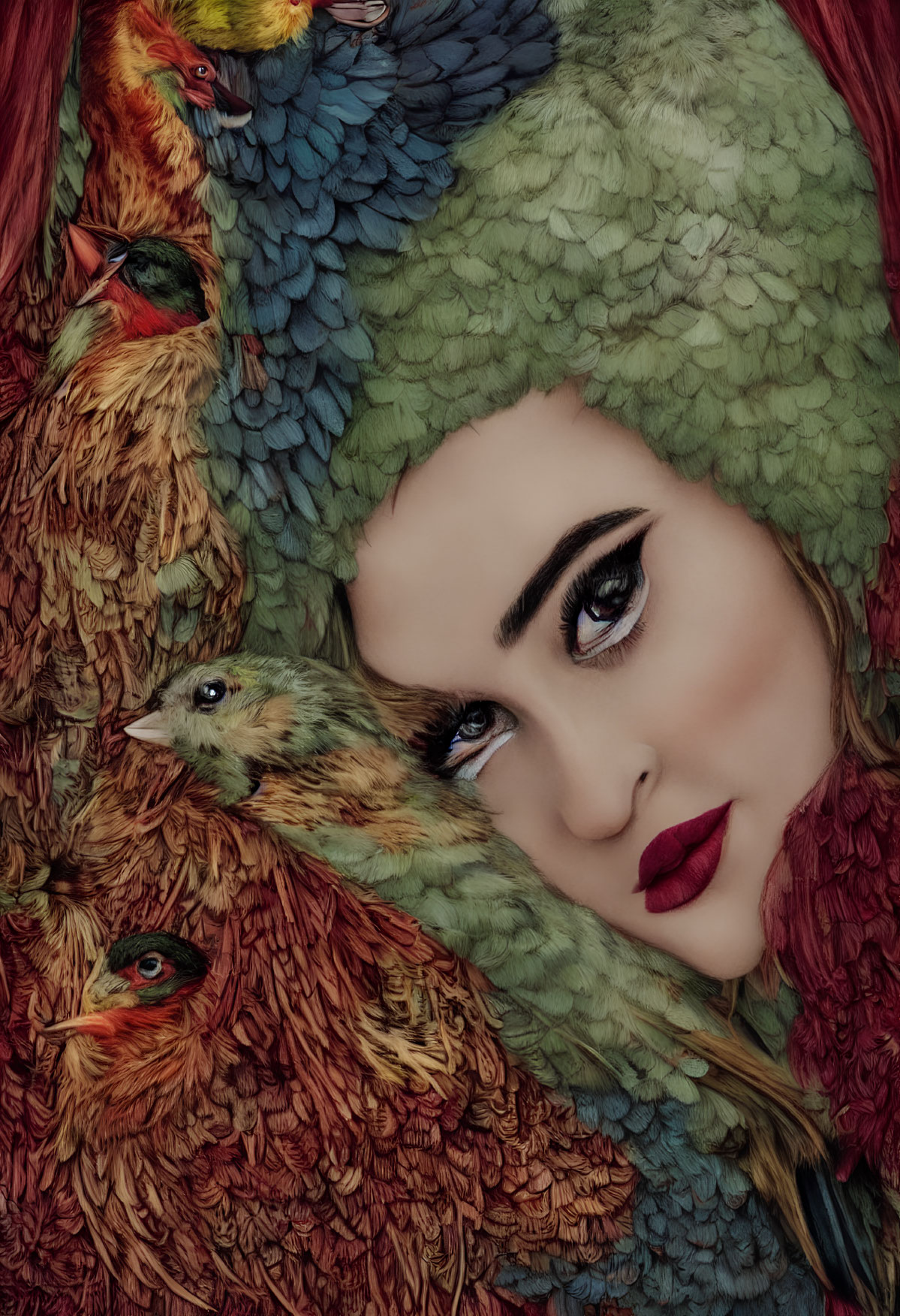 Colorful Feathers Transform into Woman's Face in Surreal Portrait