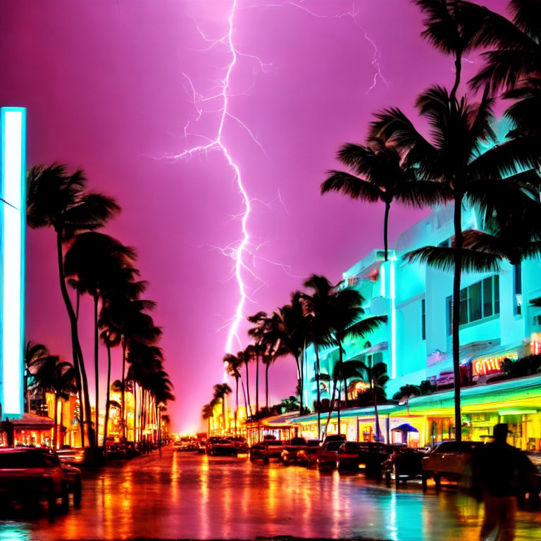 Night Scene: Lightning Strike on Palm-Lined Street