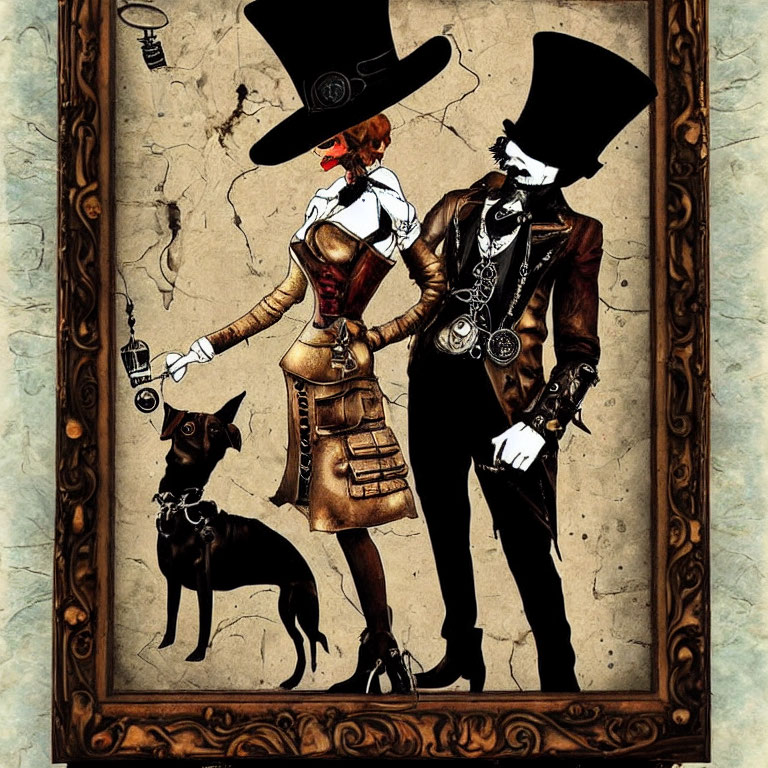 Steampunk-themed Victorian couple with top hats and black dog in vintage portrait