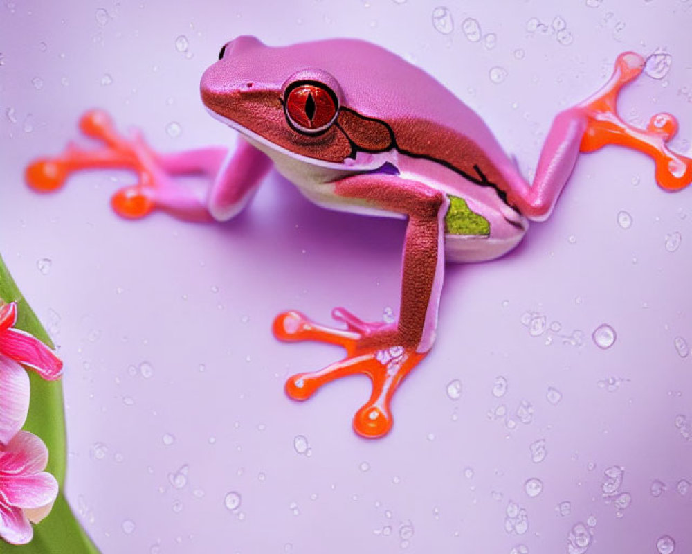 Colorful Pink Frog with Red Eyes on Green Leaf in Water Droplets on Purple Background