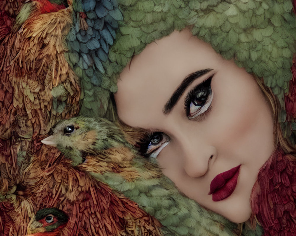 Colorful Feathers Transform into Woman's Face in Surreal Portrait
