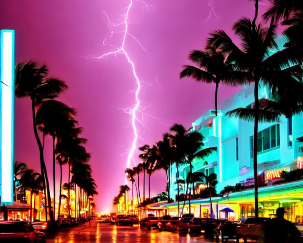 Night Scene: Lightning Strike on Palm-Lined Street