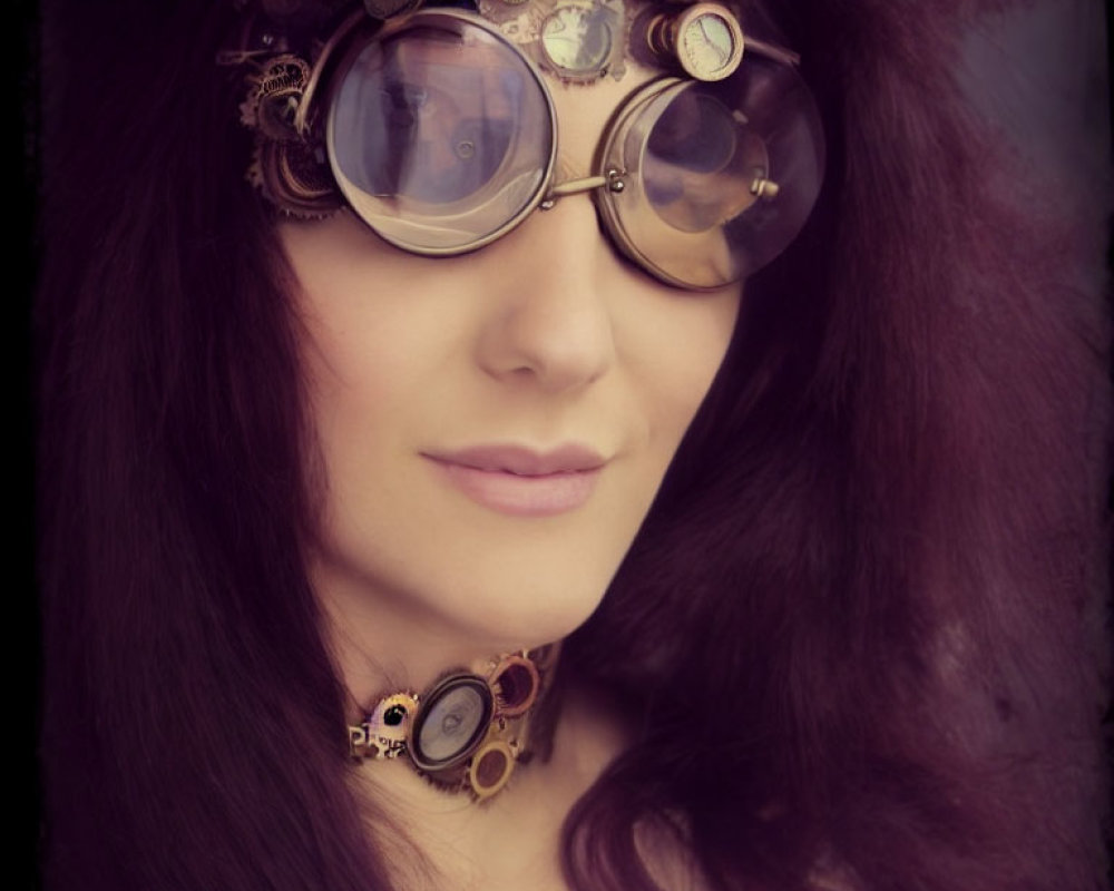 Woman with wavy hair in steampunk goggles with gears and lenses.