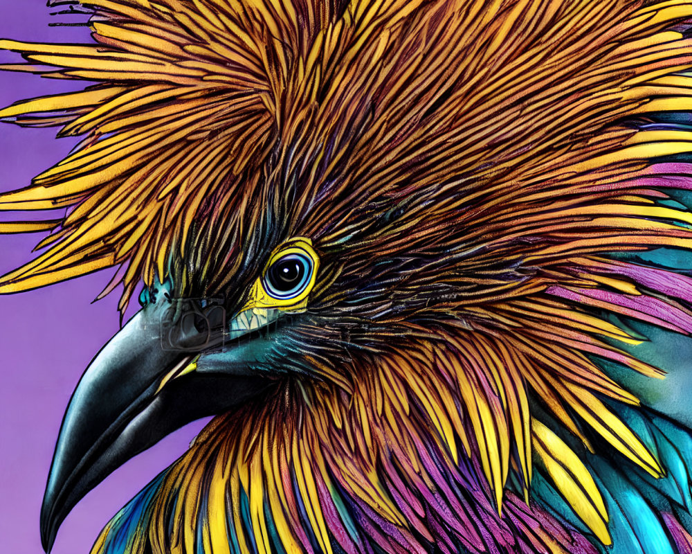 Colorful Bird Artwork in Yellow and Purple Tones on Dual-Toned Background