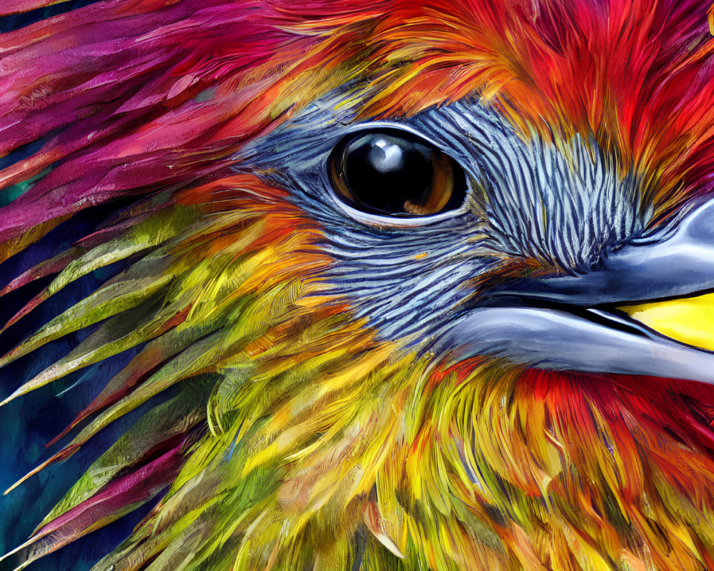 Colorful bird artwork with vibrant feathers in purple, pink, red, yellow, and blue.