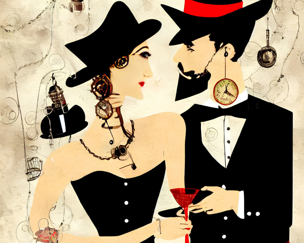 Vintage-themed illustration of elegant couple in red top hat and tails, black dress and hat, holding drinks