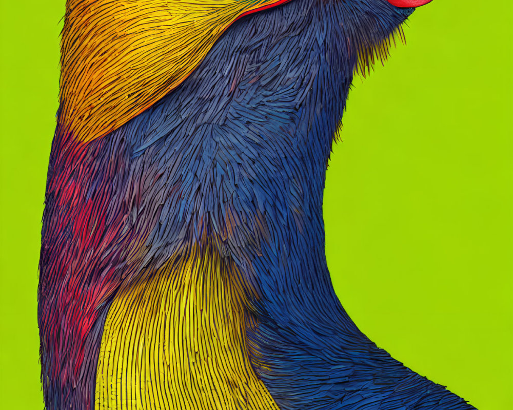 Colorful bird digital artwork with yellow chest, blue feathers, red crest, and green background