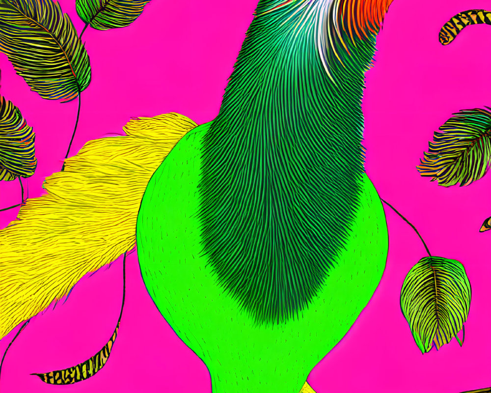 Colorful digital artwork of neon green bird on branch against pink background