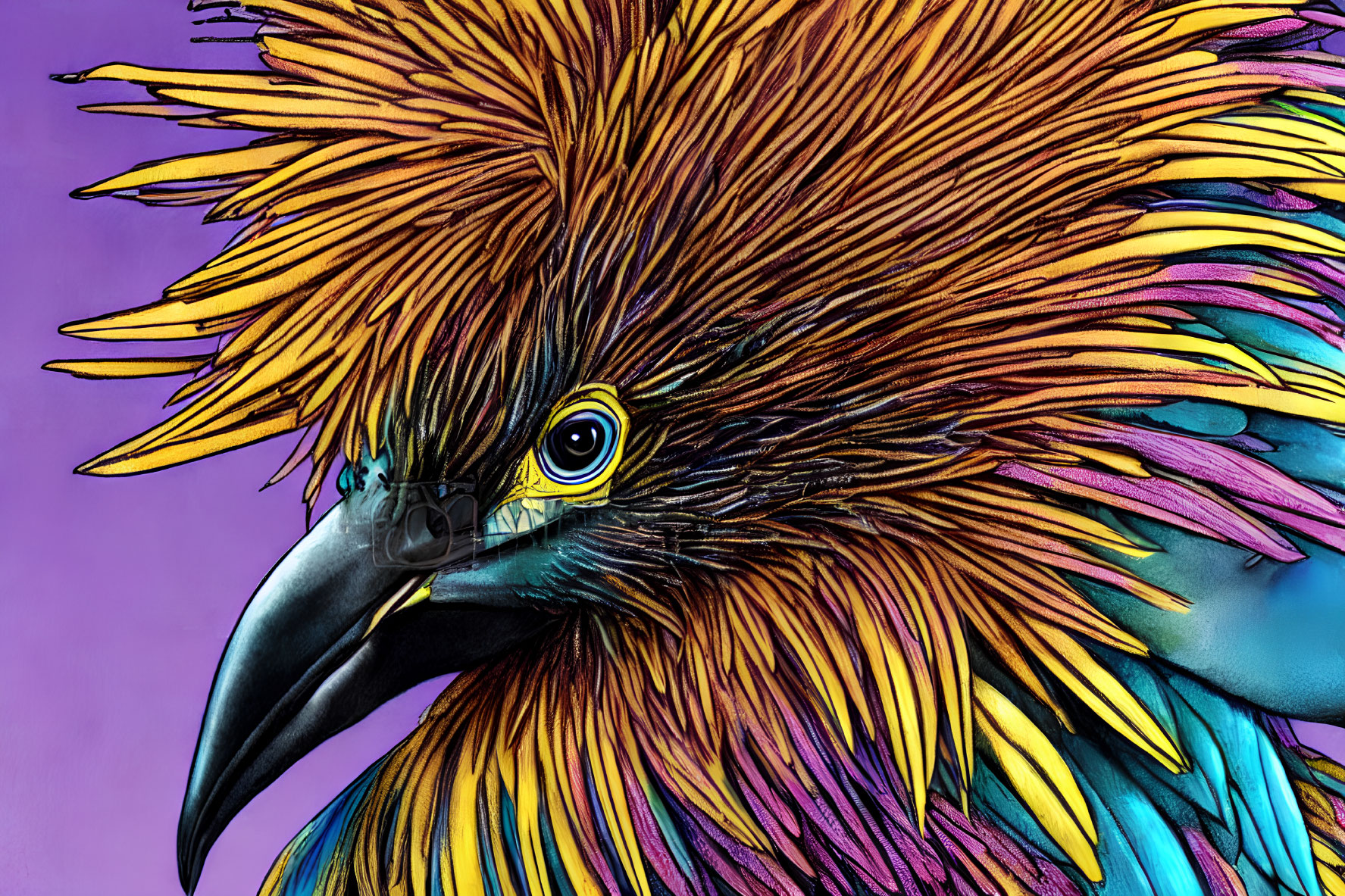 Colorful Bird Artwork in Yellow and Purple Tones on Dual-Toned Background