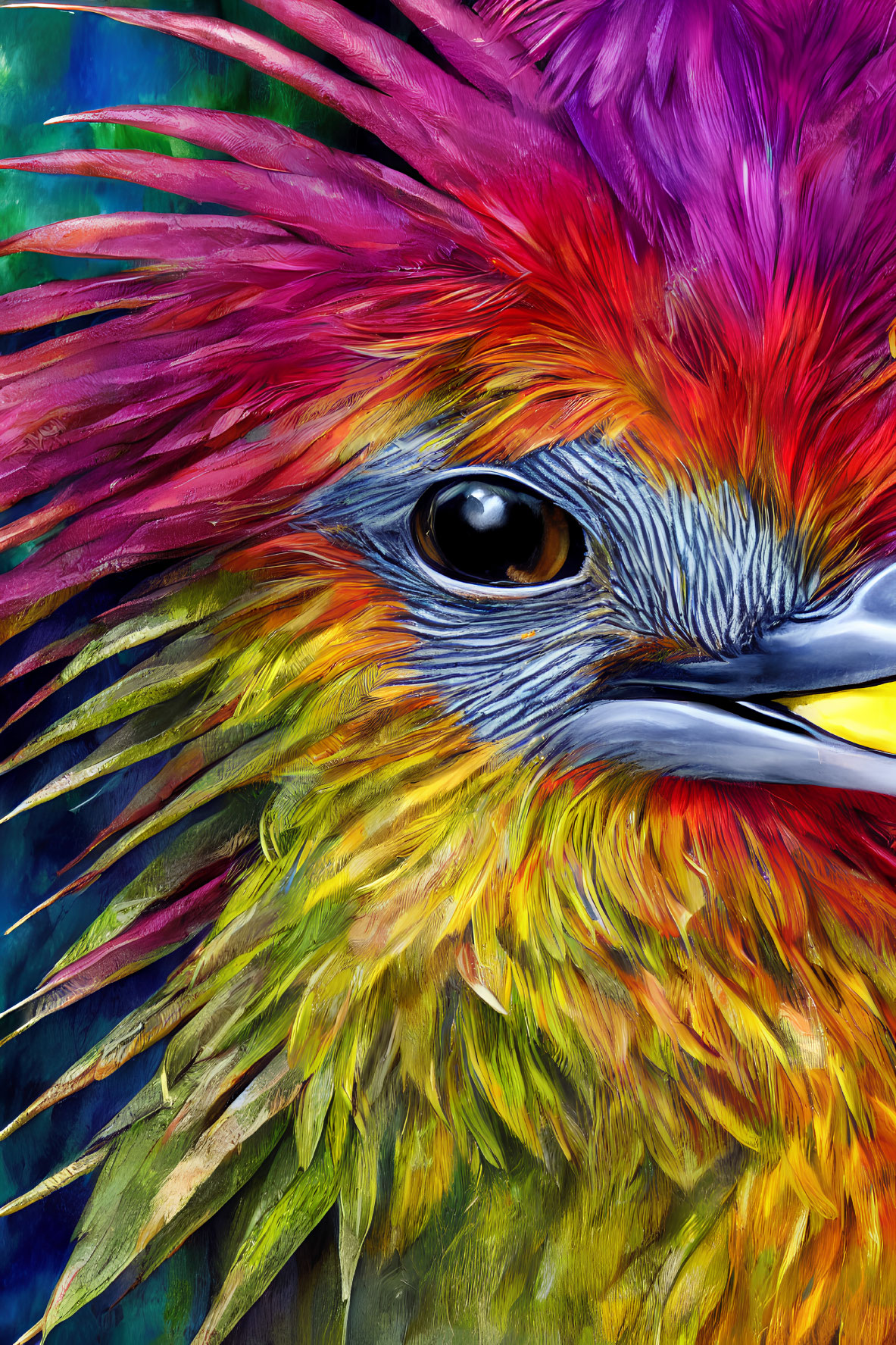 Colorful bird artwork with vibrant feathers in purple, pink, red, yellow, and blue.