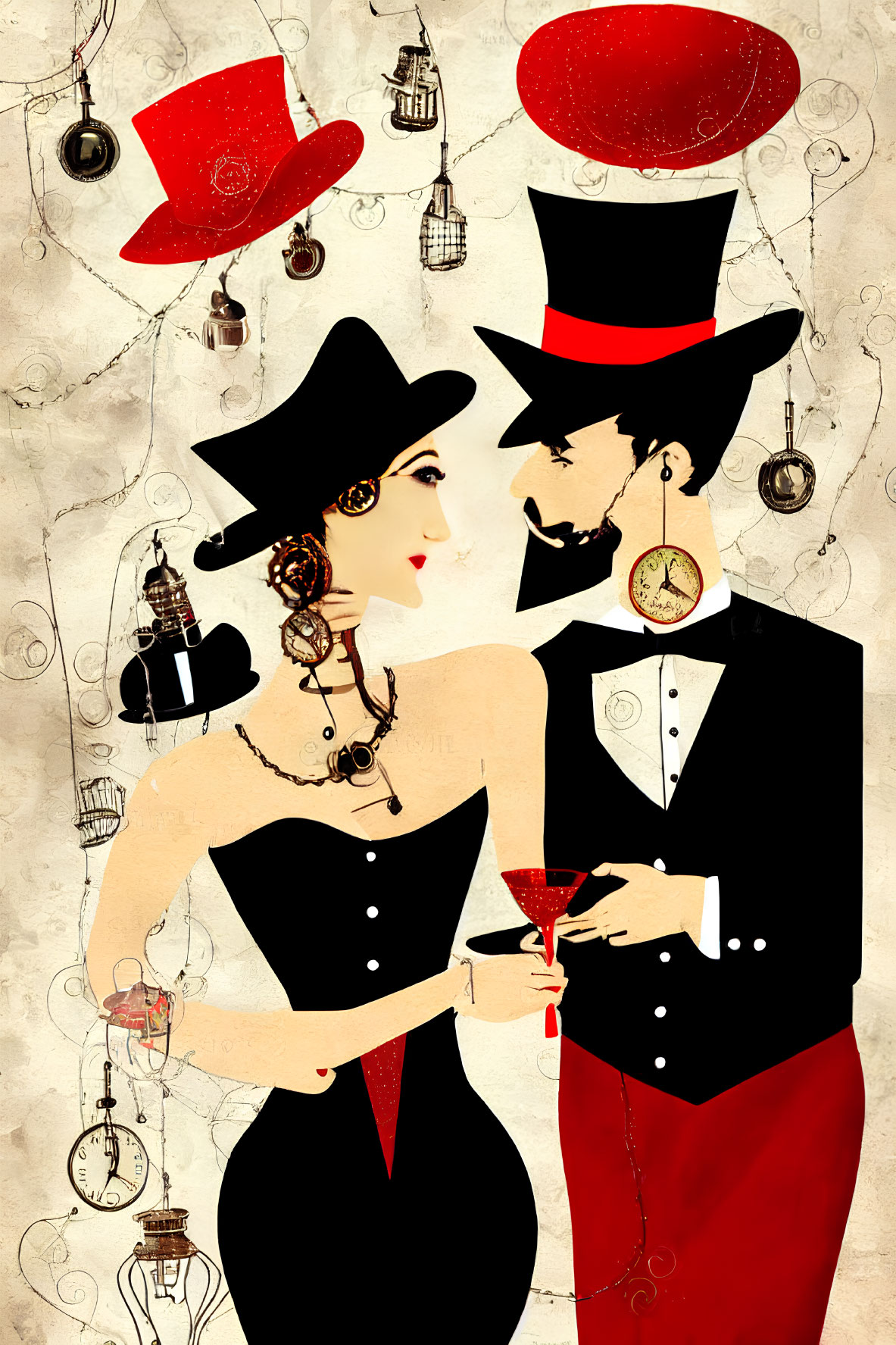 Vintage-themed illustration of elegant couple in red top hat and tails, black dress and hat, holding drinks