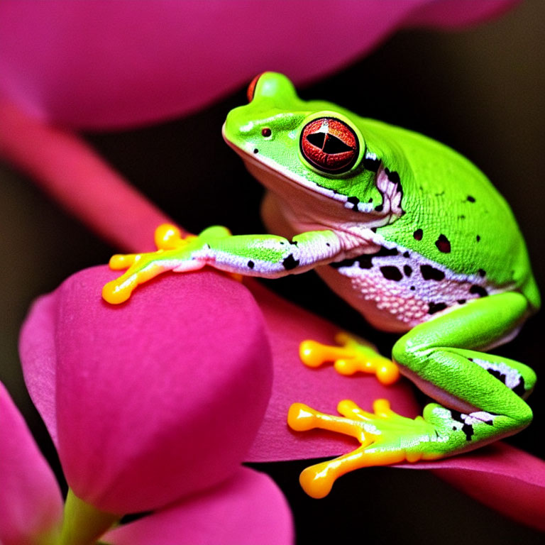 Colorful Frog on Pink Flower Petal