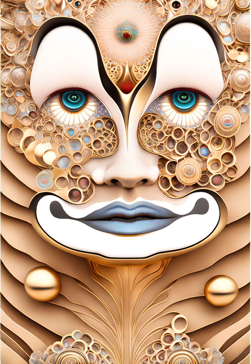 Abstract digital artwork: intricate face with circular patterns and blue eyes on gold and beige background