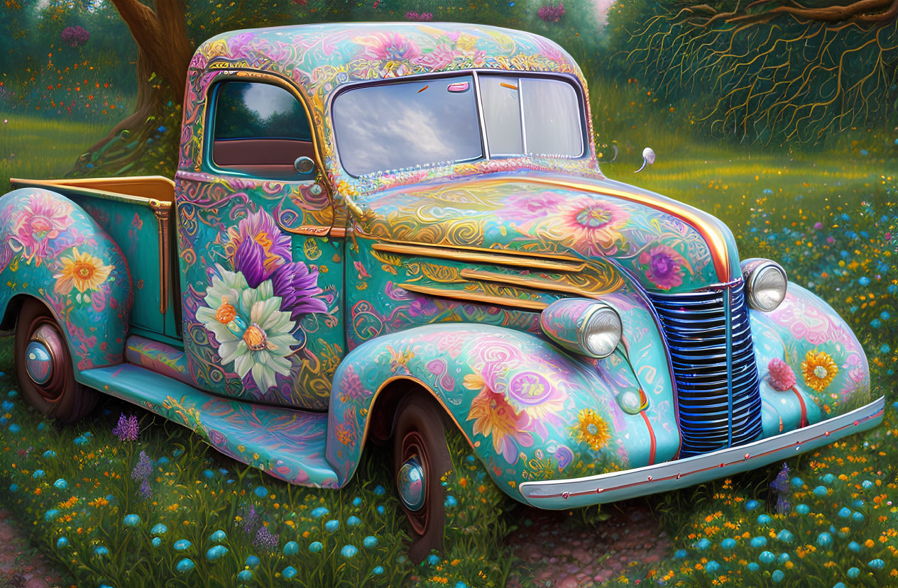 Vintage Pickup Truck Adorned with Floral Patterns in Vibrant Meadow