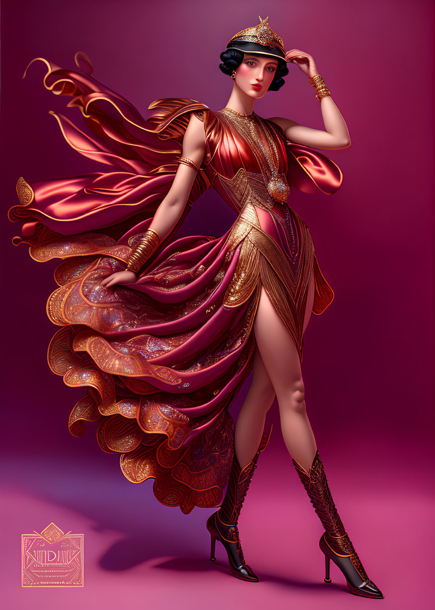 Stylized golden costume woman in dynamic pose on pink background