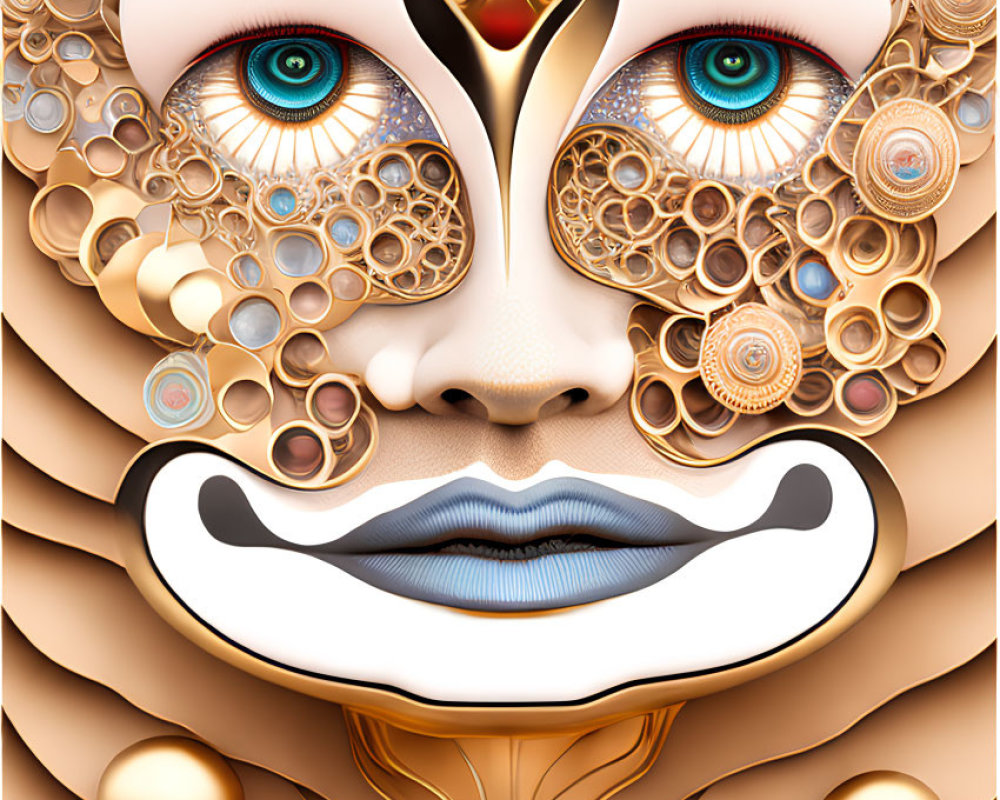 Abstract digital artwork: intricate face with circular patterns and blue eyes on gold and beige background