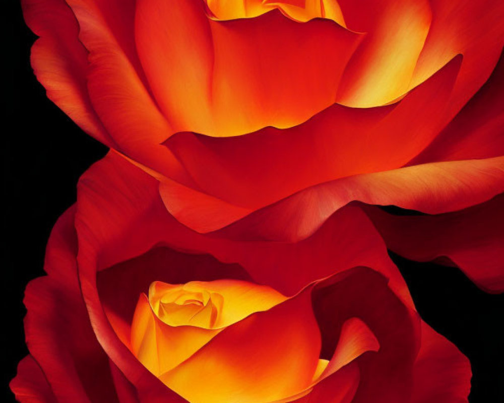 Vibrant red-orange roses with yellow hues on dark background