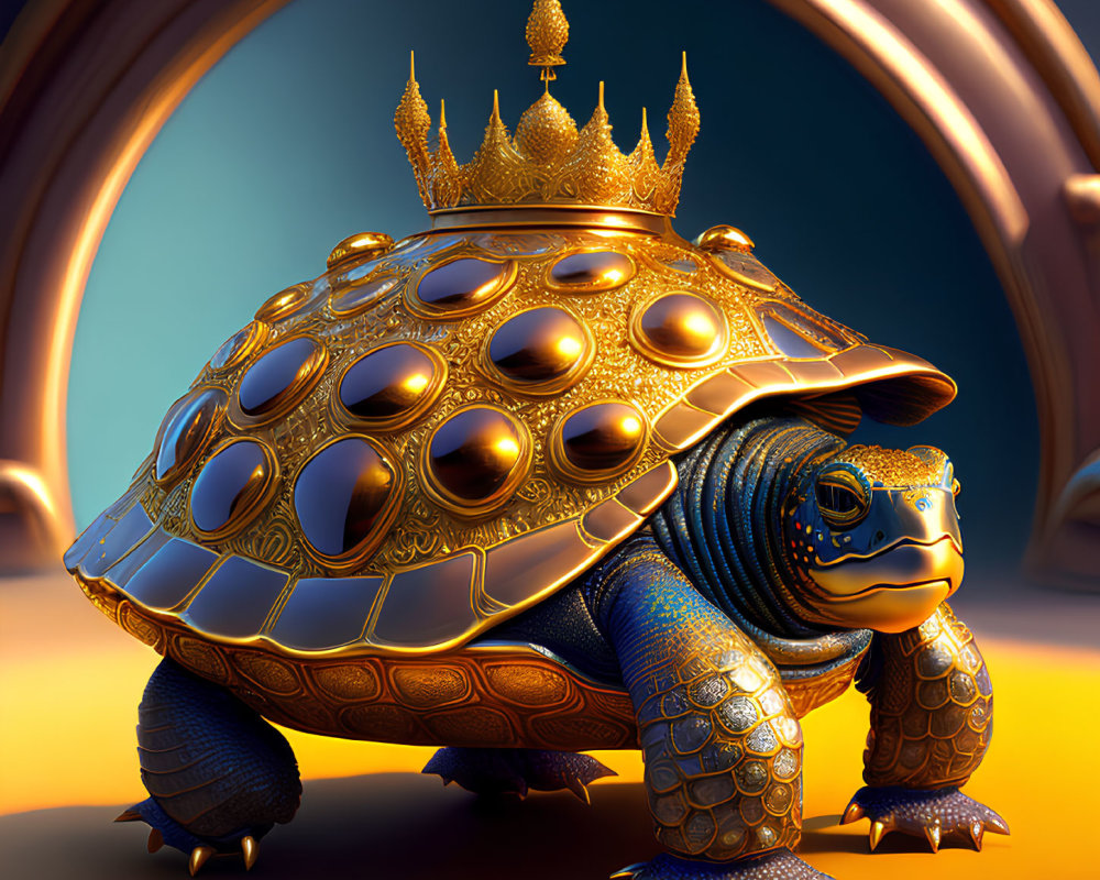 Regal tortoise with golden crown shell in front of mirror
